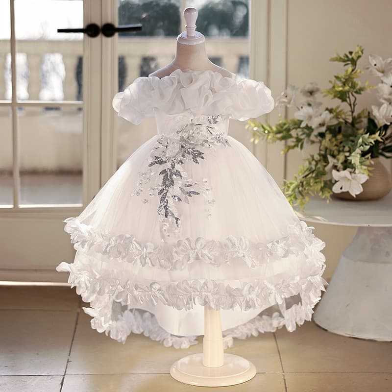 Cross-border Children's High-end Train Wedding Dress Princess Gown Flower Girl Piano Performance Dress Girls' Tulle Puffy Dress