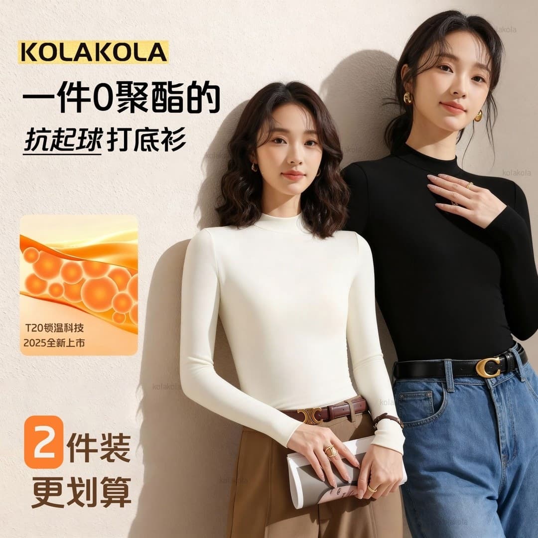 KolaKola Base Layer Top Modal Semi-High Neck Stand Collar Regular Fit Women's Long Sleeve Slimming Shirt