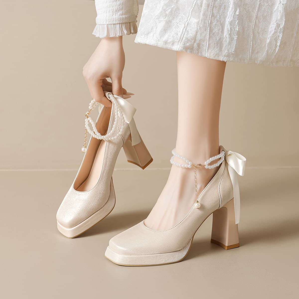 Weiwei Girl 1683-1 French Mary Jane Single Shoes Chunky Heel Wedding Shoes Bride Shoes Bridesmaid High Heels Comfortable