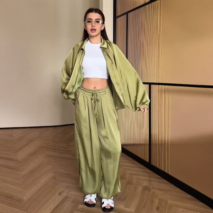 2026 Amazon European and American Style Zip-Up Casual Two-Piece Set High-Waist Wide-Leg Pants Suit with Notched Short Jacket for Cross-Border