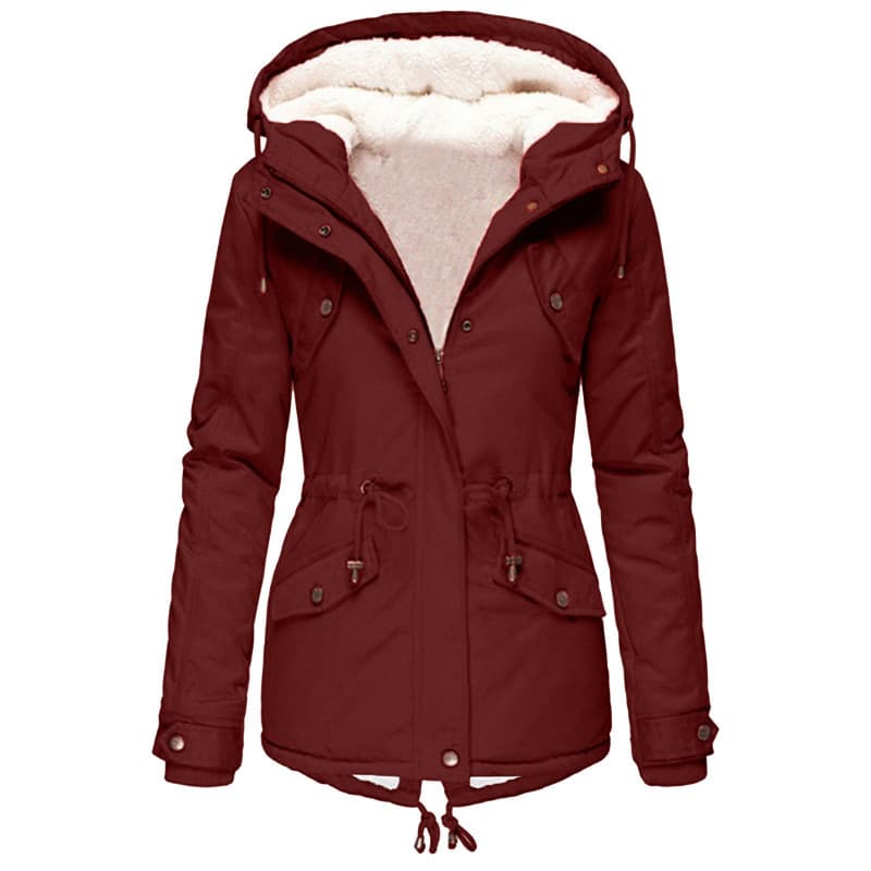 Winter New Arrival Hot Selling Hooded Cinched Waist Slimming Thickened Warm Cotton Coat for Women, Mid-Length with Fleece Pockets