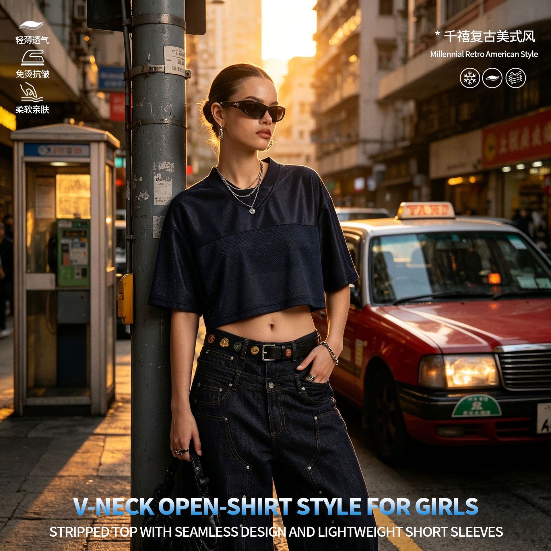 RS Women's | Streetwear Y2K Vintage V-Neck Cutout Hot Girl Short-Sleeve T-Shirt for Women Summer American Style Crop Top Spliced Short Sleeve