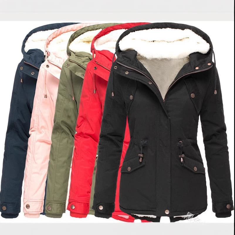 Thickened Cotton Jacket Women's Solid Color Hooded Drawstring Waist Autumn Winter Coat Comfortable Casual Style Zipper Closure
