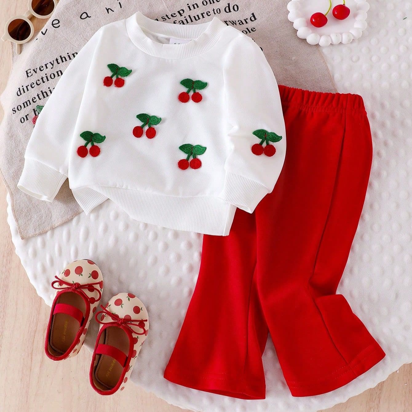 Yunbo Beibei Factory Wholesale Baby Girls' Fall/Winter New Hot Style Cherry Embroidery Long-Sleeve Sweatshirt + Flared Long Pants Set