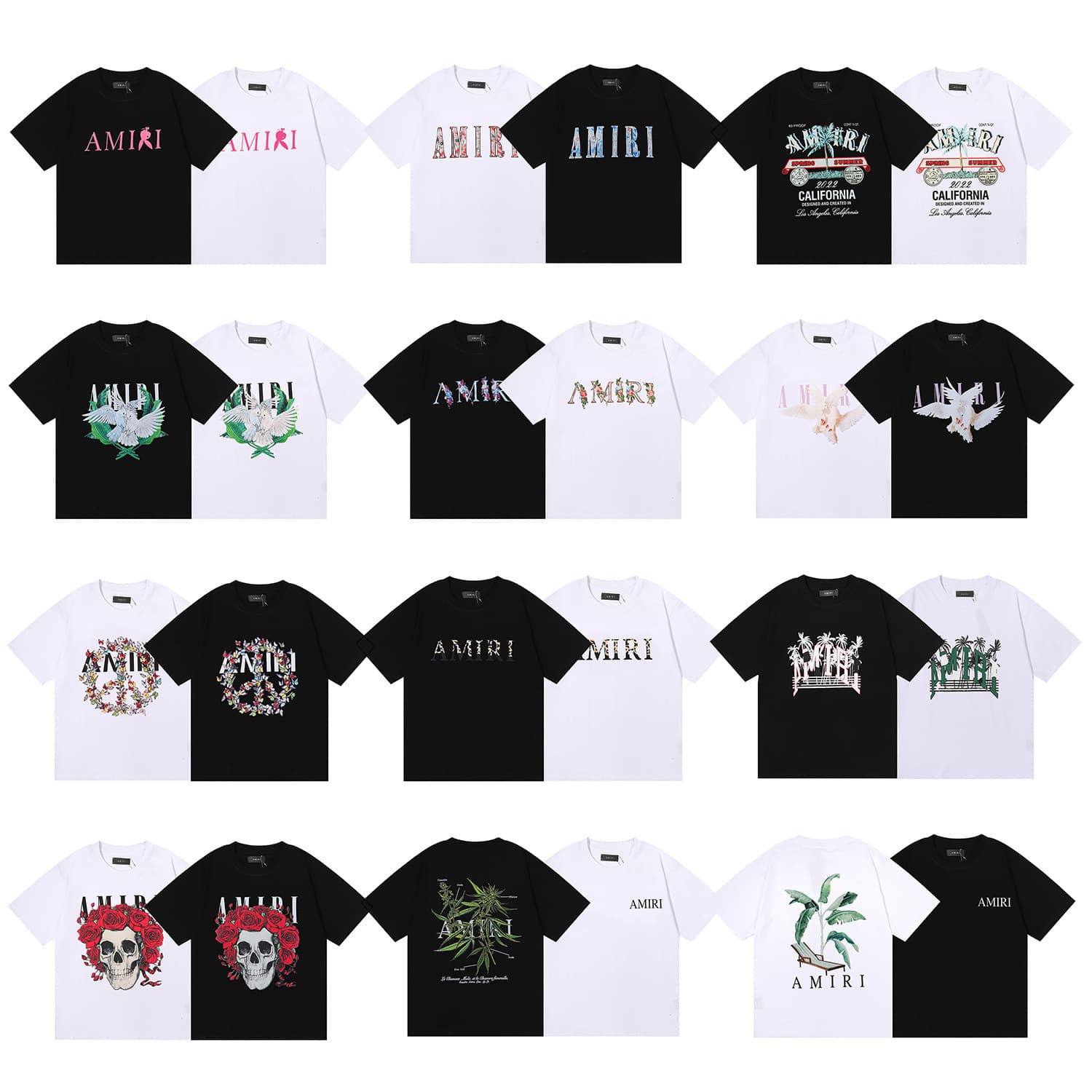 Cross-border wholesale AMIRI T-Shirt Rose Skull Print Double Mercerized Cotton Short Sleeve T-Shirt for Men and Women