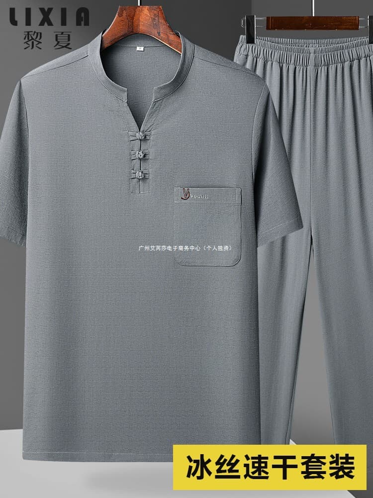 Tang Suit Men's Middle-Aged & Elderly Summer Short Sleeve Dad's Summer Wear 2025 T-Shirt Chinese Style Grandpa Set Ice Silk New Style