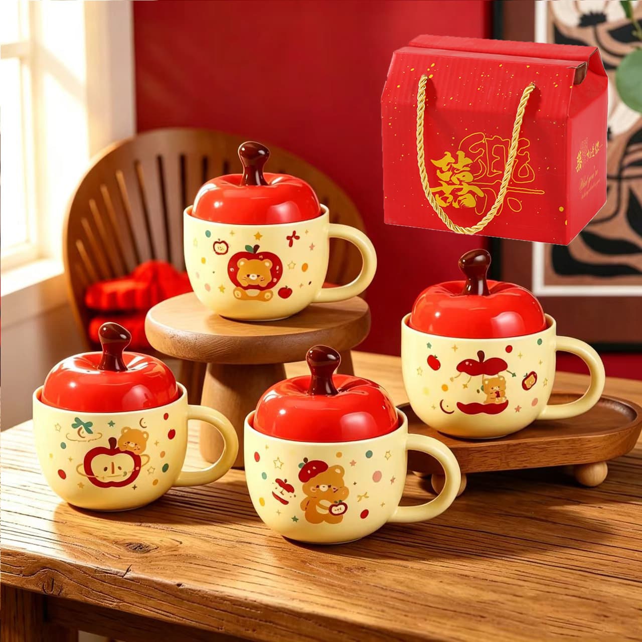 Cross-border ceramic mug creative Apple Christmas ceramic mug cute coffee mug with lid with hand printed logo