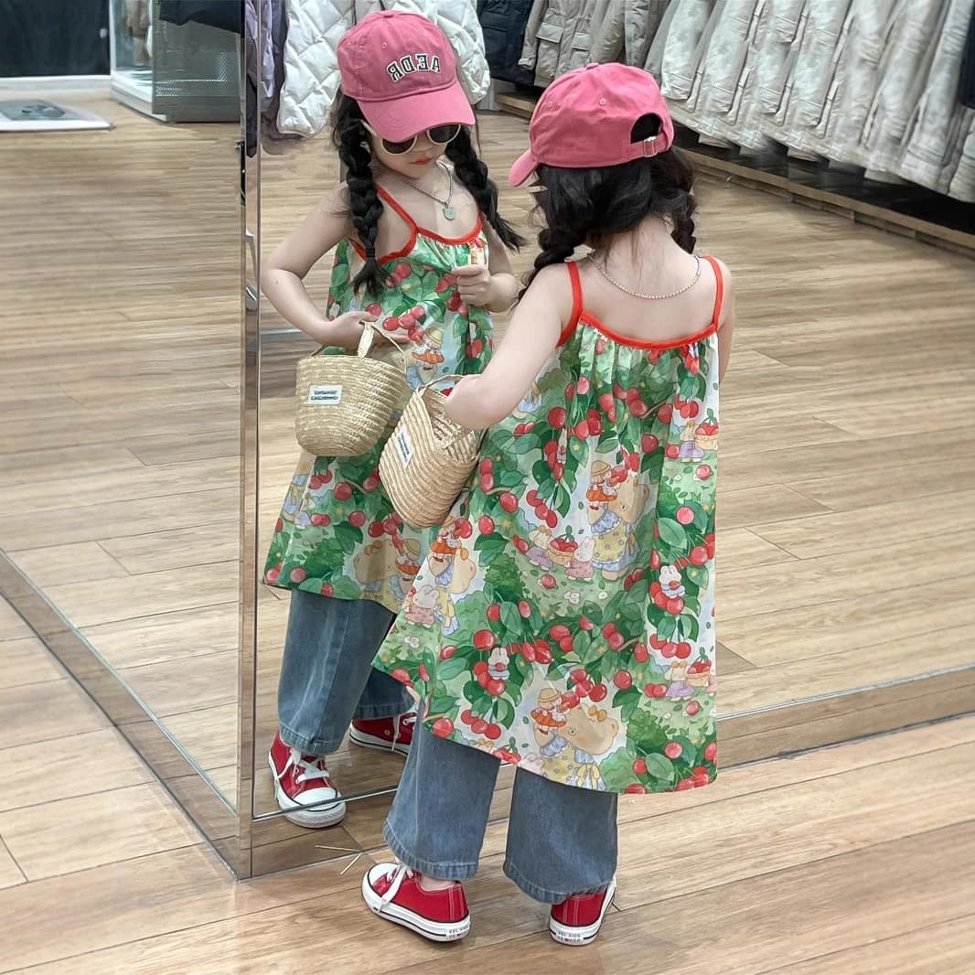 2025 Girls Summer Seaside Vacation Cherry Floral Slip Skirt Baby Girl Casual Loose Vest Dress