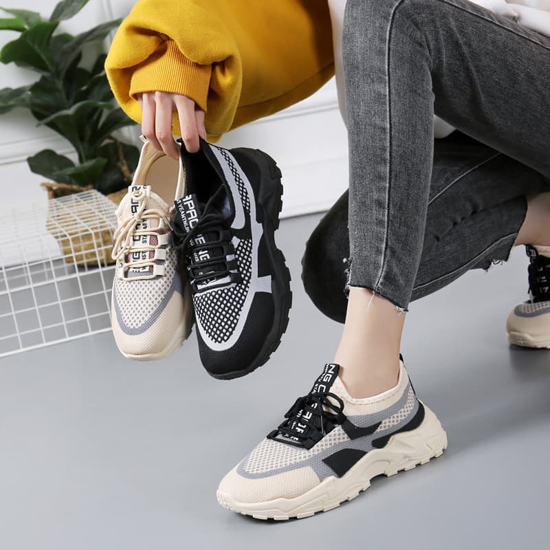 Mesh Dad Shoes Lightweight Breathable Raised Heel Lace-Up Casual Sneakers for Women Summer White Shoes
