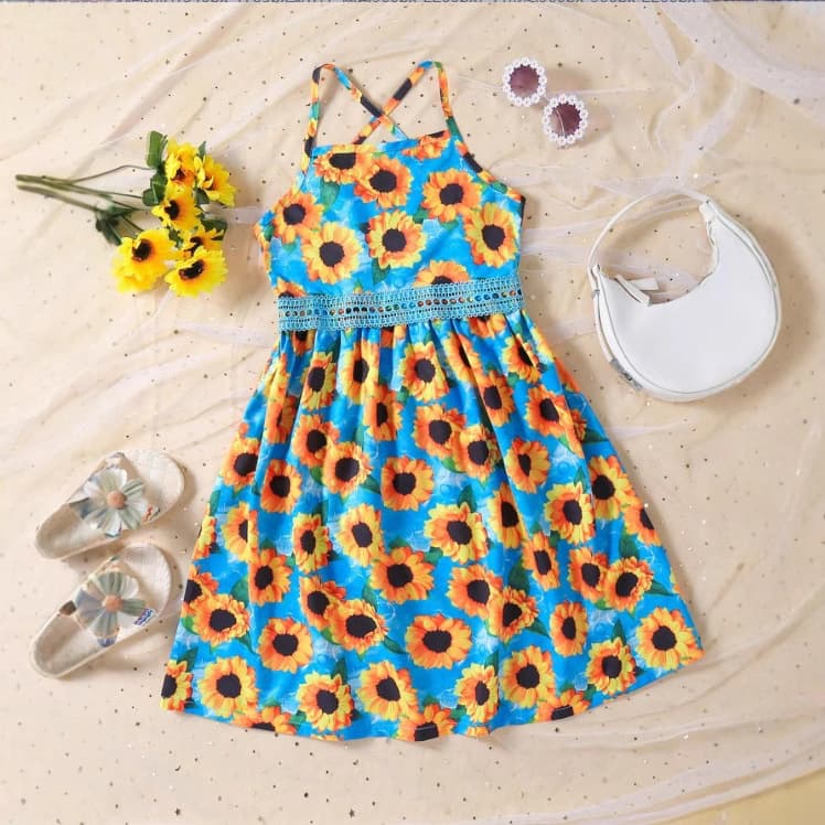 2025 New Cute Skirt for Girls, Casual Summer Sunflower Pattern Suspender Dress for Girls, Spring and Summer Style