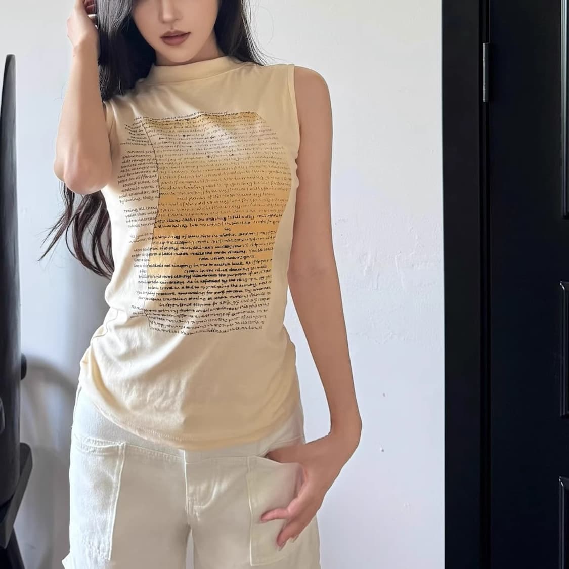American retro hot girl print apricot sleeveless t-shirt for women summer ins outer wear slimming short vest top