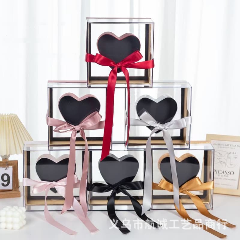 Acrylic Transparent Heart Hollow Rose Soap Flower Gift Box with Ribbon Handle Surprise Box