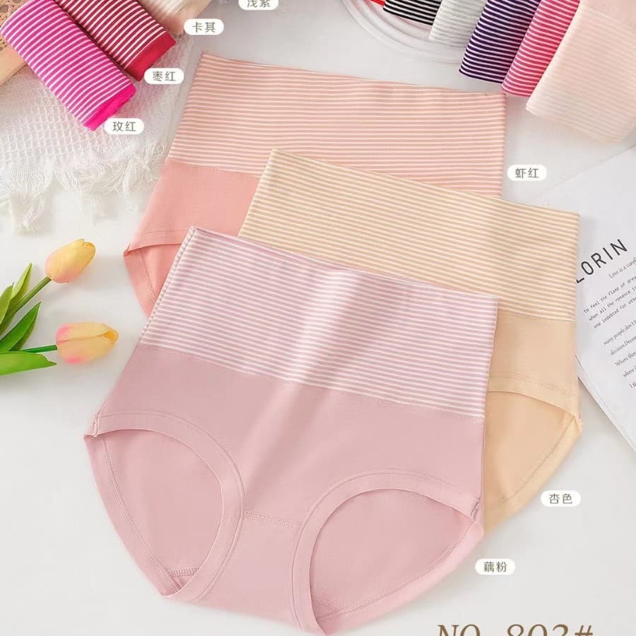 Renjia Mei 803 Cotton Fabric High-Waisted Tummy Control Pants, Soft and Comfortable, High Elasticity, Stylish and Elegant Striped Design Underwear