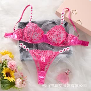 Rose Red Embroidery Lingerie Set with Daisy Strap Detail - Lightweight Mesh Flirting Lingerie Wholesale