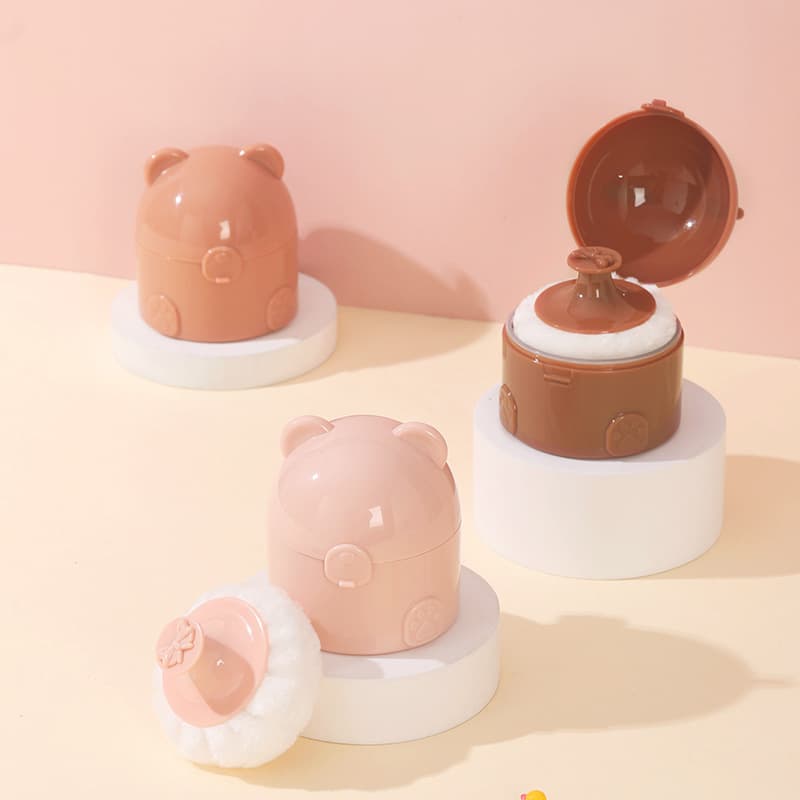 Coffee Bear Shaped Baby Powder Puff Case, Portable Prickly Heat Powder Empty Box, Baby Puff with Velvet Flock