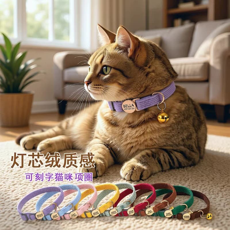 Corduroy Cat Collar with Safety Buckle, Engravable Pet Name, Fashionable and Personalized, Cross-Border Cat Collar, Direct Factory Source