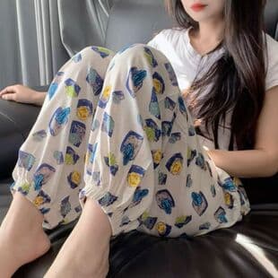 2026 New Women's Summer Cotton Silk Sleep Pants, Beach Casual Bloomers, Loose Fit, Home and Outdoor Wear, Plus Size, Cotton Silk Elastic Cuff Pants