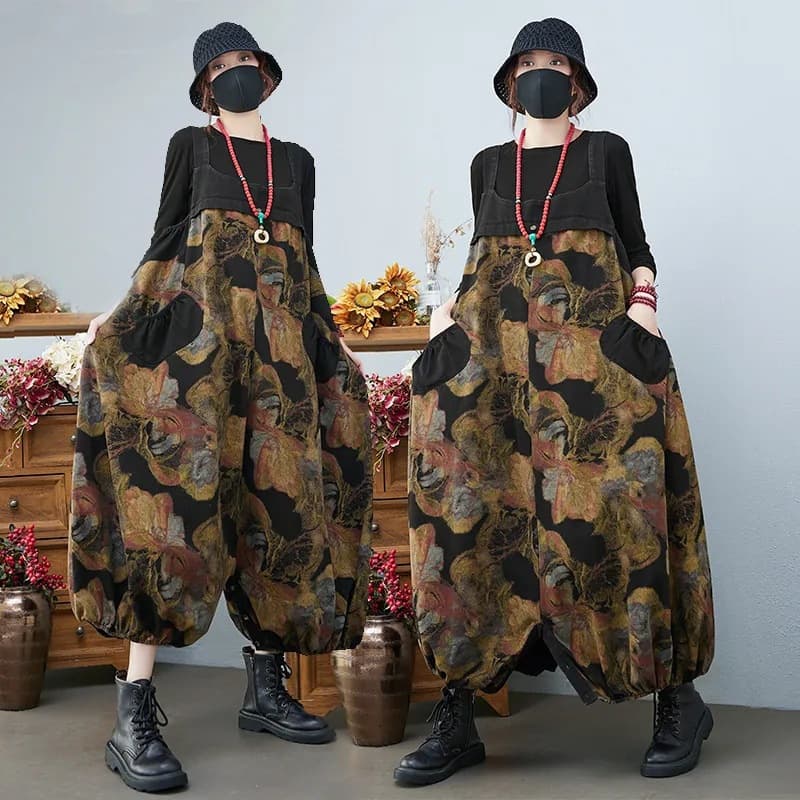 New spring and summer retro printed denim vest skirt, loose large size fat girl, slim and stylish two-wear denim overalls