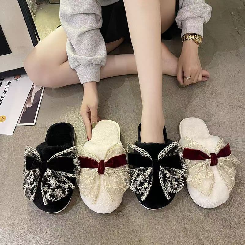 Baotou Cotton Slippers for Women, Cute Ins Style Indoor Home Plush Winter Warm Bowknot Fluffy Slippers, Girly Heart