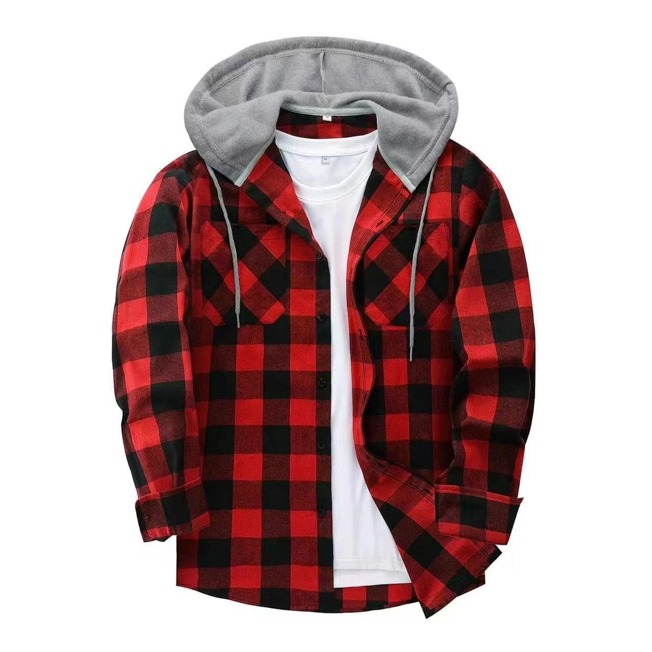 New Amazon Flannel Plaid Hooded Dress Shirt European and American Sizes Double Pocket Flap Hooded Shirt Men