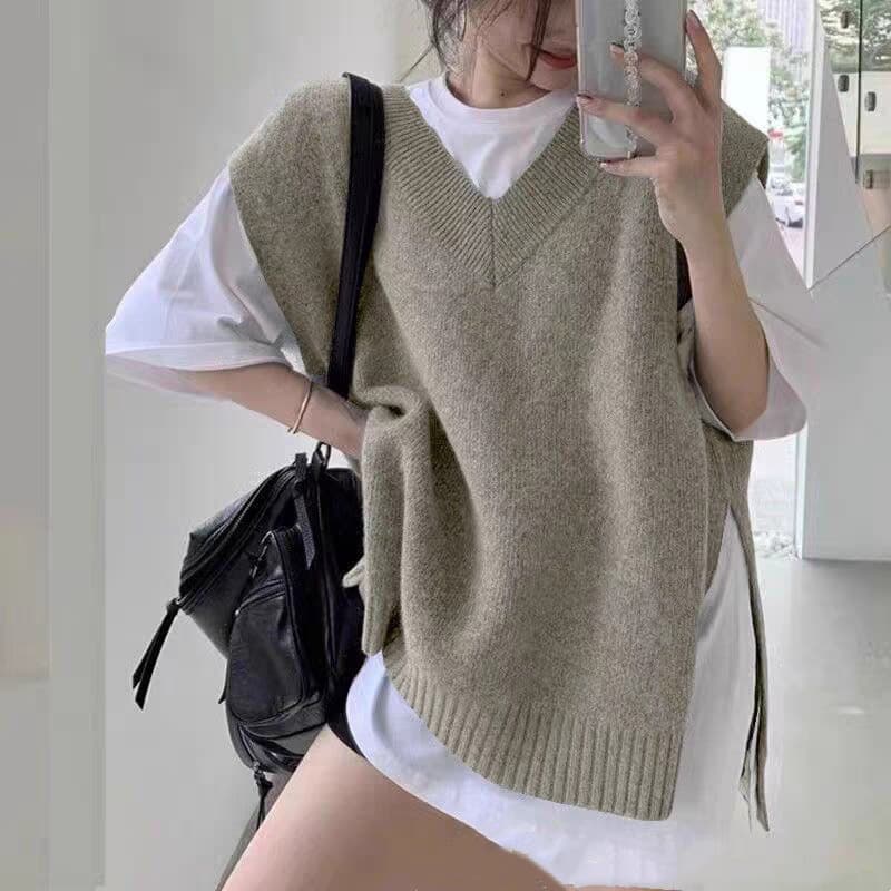 Korean Lazy Style Autumn Winter New Sweater Women Loose Simple Knit Vest Women Hem Split Sleeveless Cardigan Women