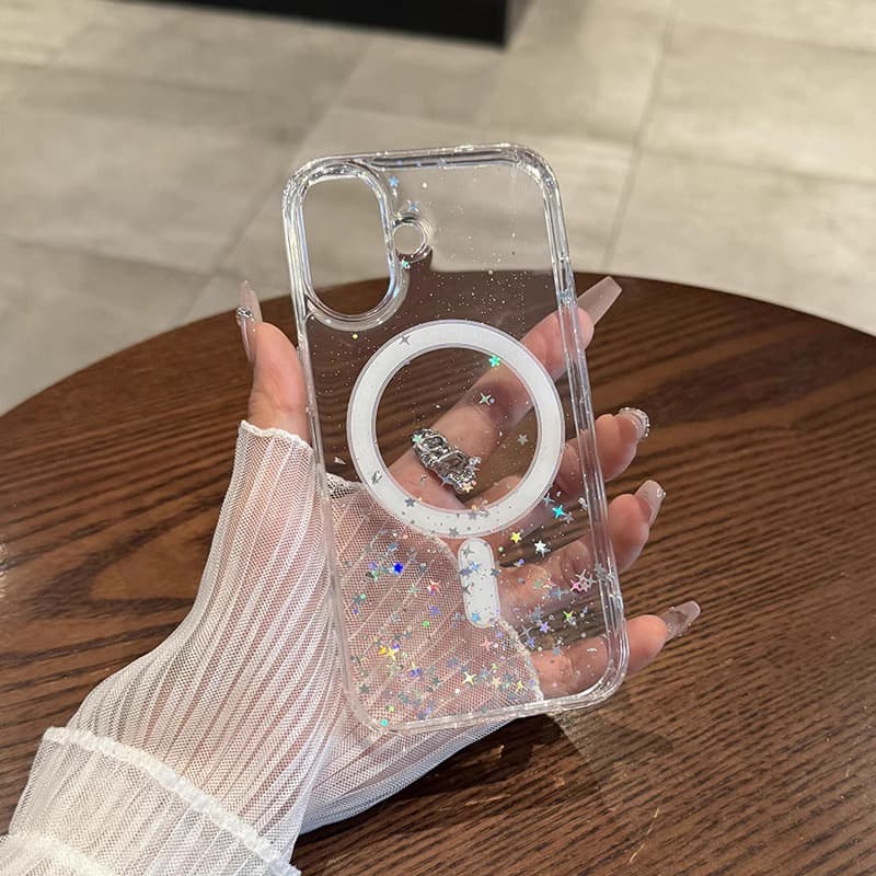 Compatible with iPhone 17 Transparent Starry Wireless Charging Phone Case, Apple 16 Resin Magnetic 15 Pro Max Women 14 Soft