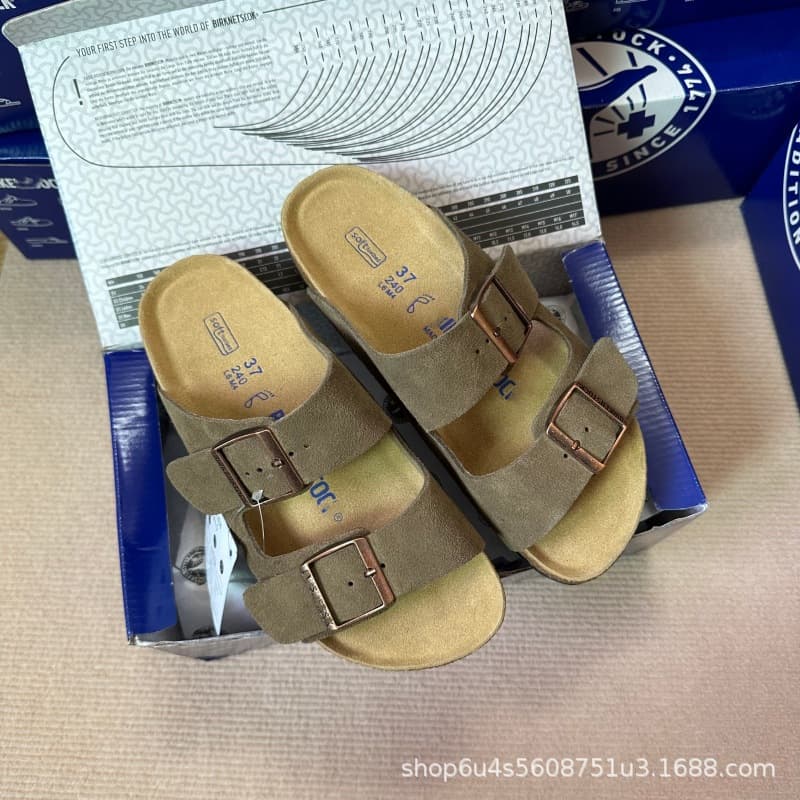 Bk Birkenstock Shoes for Men, Made of Cowhide Suede with Thick Cork Sole, Double Buckle, Slip-On Style, Suitable for Outdoor Casual Wear and Beach Use, Birkenstock Sandals for Women
