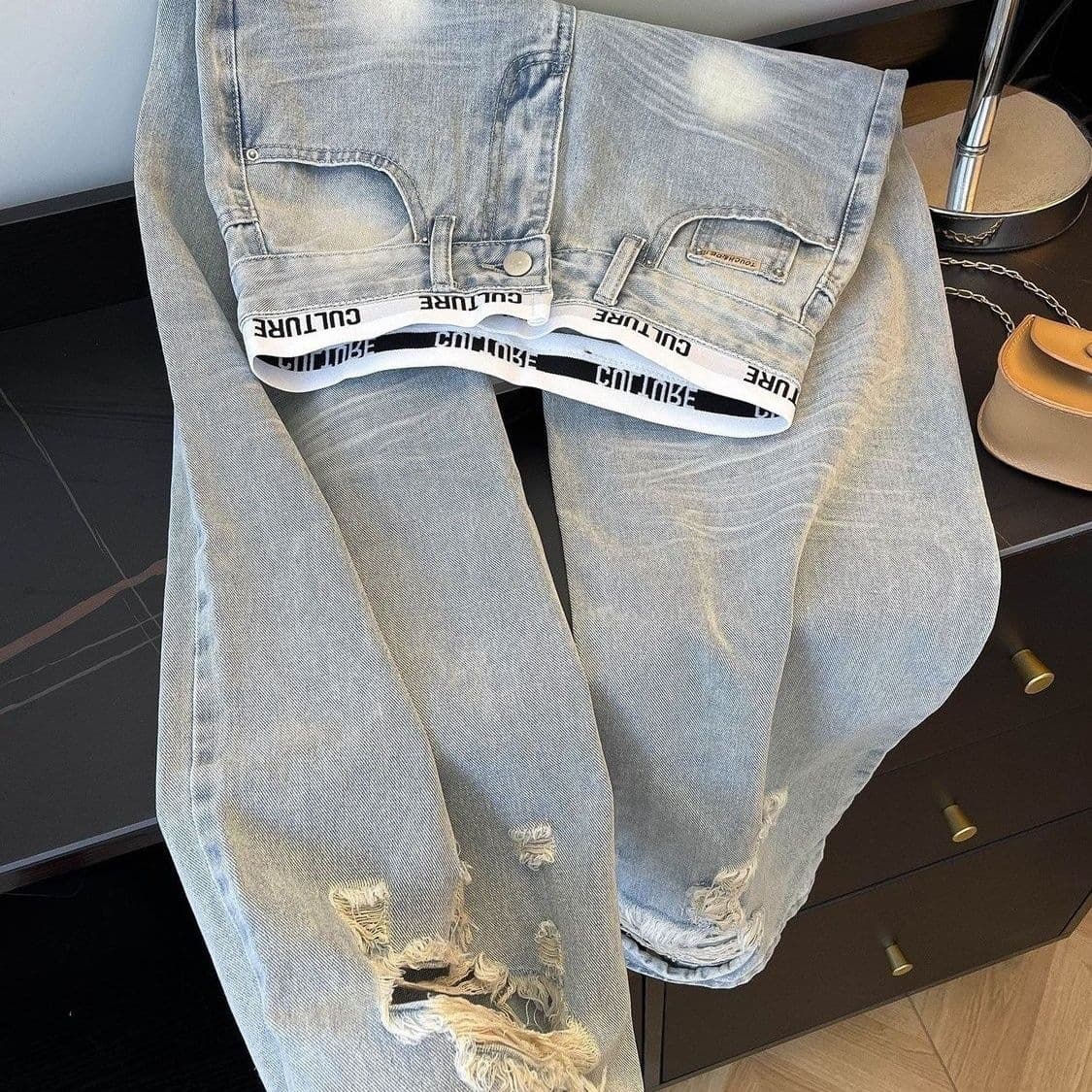 American Retro Patchwork Distressed Jeans for Women, Spring/Fall New Arrival, Light Blue, High-Waist, Slimming, Loose Wide-Leg Long Pants