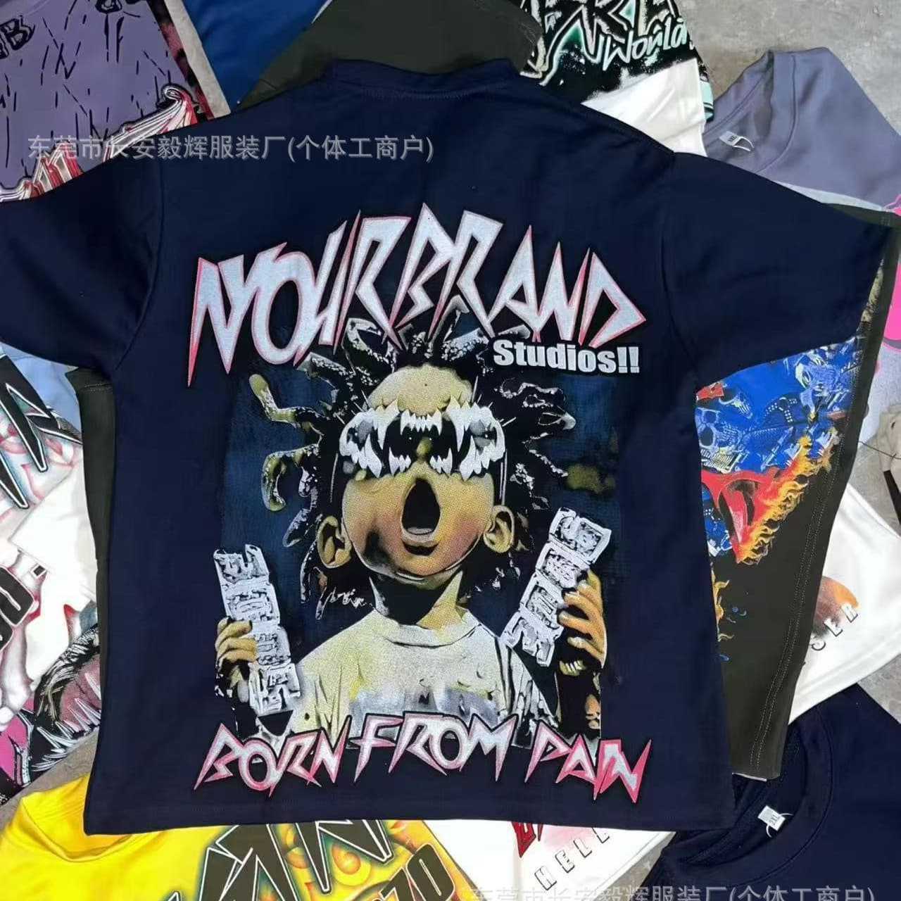 African Hot-Selling Graffiti Style Oversized Drop Shoulder Heavyweight 400g AB Printed Streetwear T-Shirt Export Cross-Border T-shirt