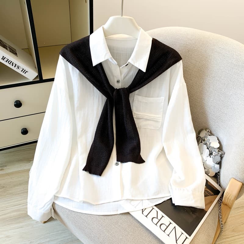 Actual Photo Fall New Korean Style Dongdaemun Casual Sweet Color Long-Sleeve Shirt + Shawl Top for Women