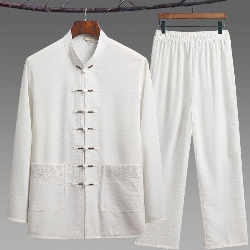 Middle-aged and Elderly Men's Tang Suit Long Sleeve Cotton Linen Set Dad Spring Summer Outfit Chinese Tai Chi Suit Hanfu Grandpa Clothing