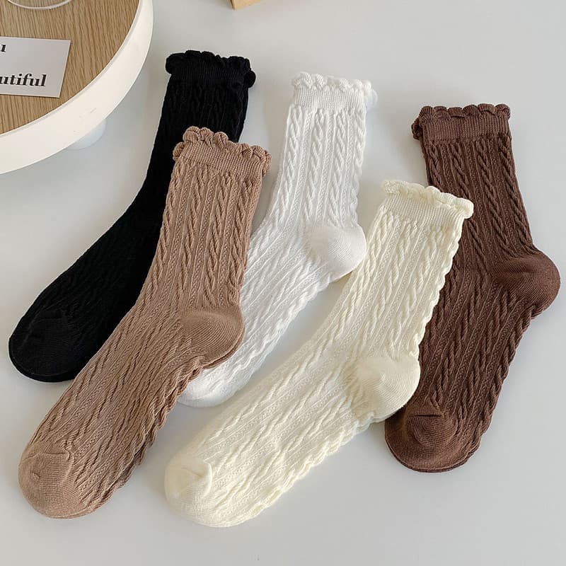 Women's Mid-Calf Cotton Socks with Lace Trim, Spring/Autumn Trendy Cute Solid Color Long Socks, JK Style White