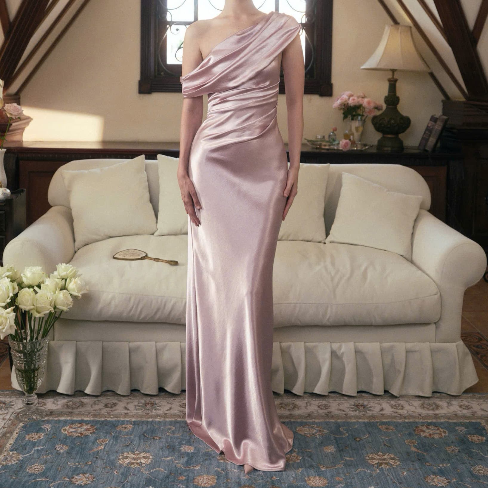French high-end one-line oblique shoulder and hip long dress drape satin slim fishtail dress banquet dress