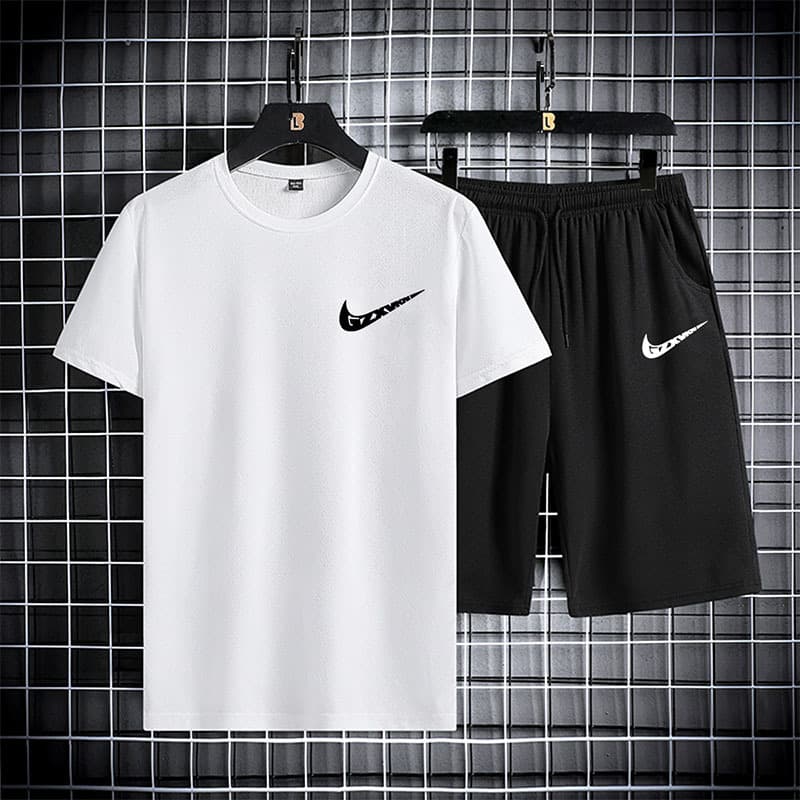 Summer Casual Sport Suit for Men Quick-Dry Ice Silk Short Sleeve T-Shirt and Shorts Set Fashion Brand