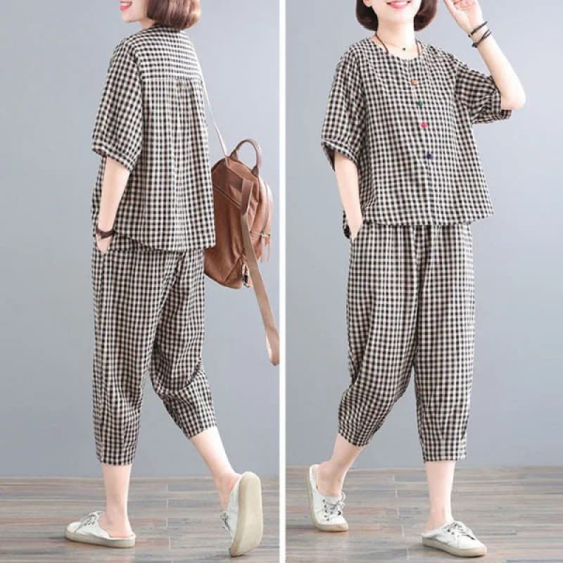 Cotton Two-Piece Set for Women 2026 Summer, Plus Size Literary Retro Top with Casual Nine-Point Pants Plaid Set, Stylish