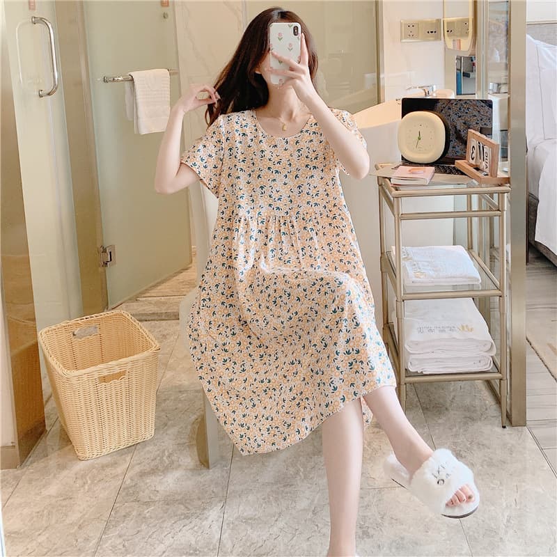 Casual Cotton Silk Sleepwear Women's Short Sleeve Large Size Printed Summer Thin Home Clothes Comfortable Breathable Nightgown