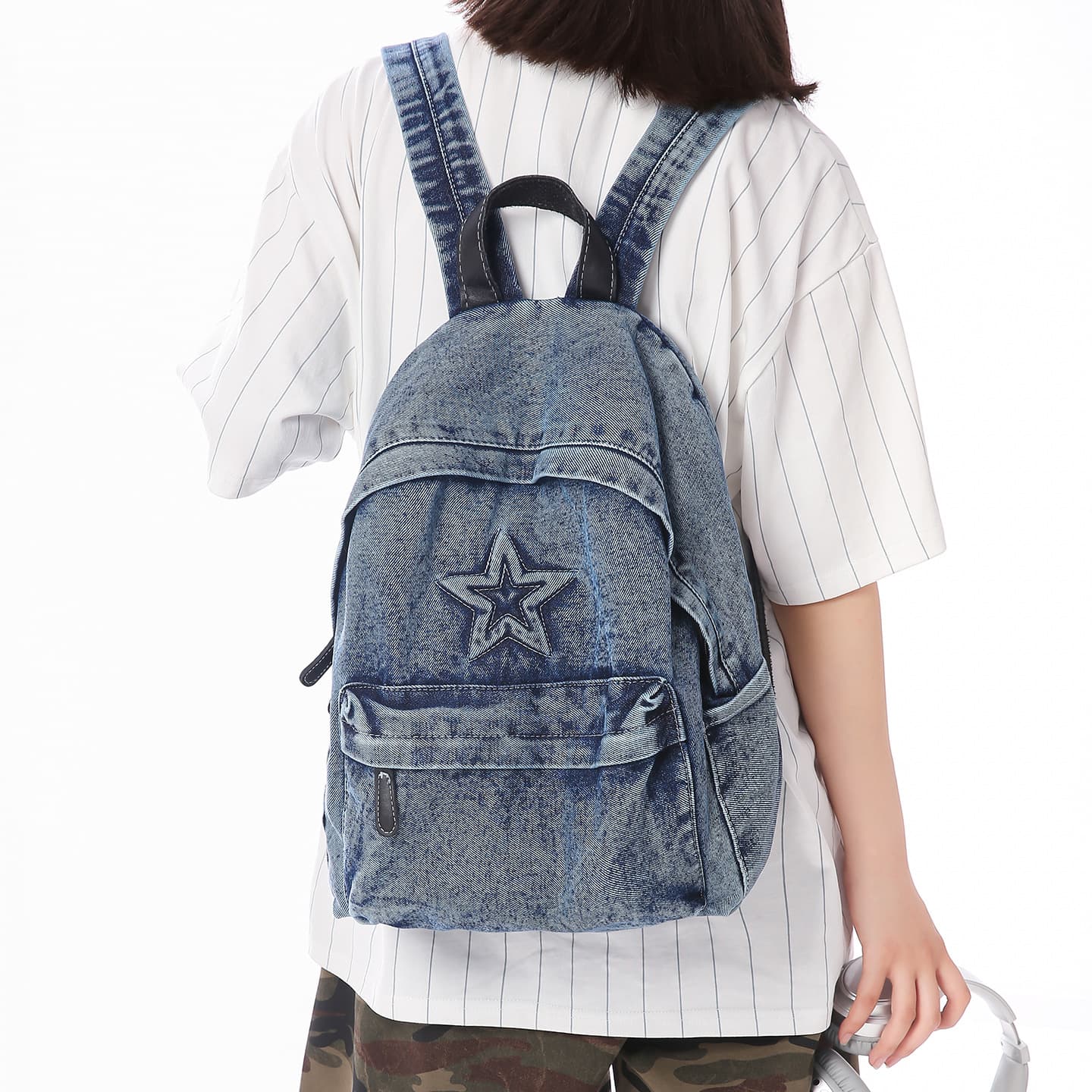 New ins trend cool five-pointed star backpack for women retro washed denim school bag female college student small backpack