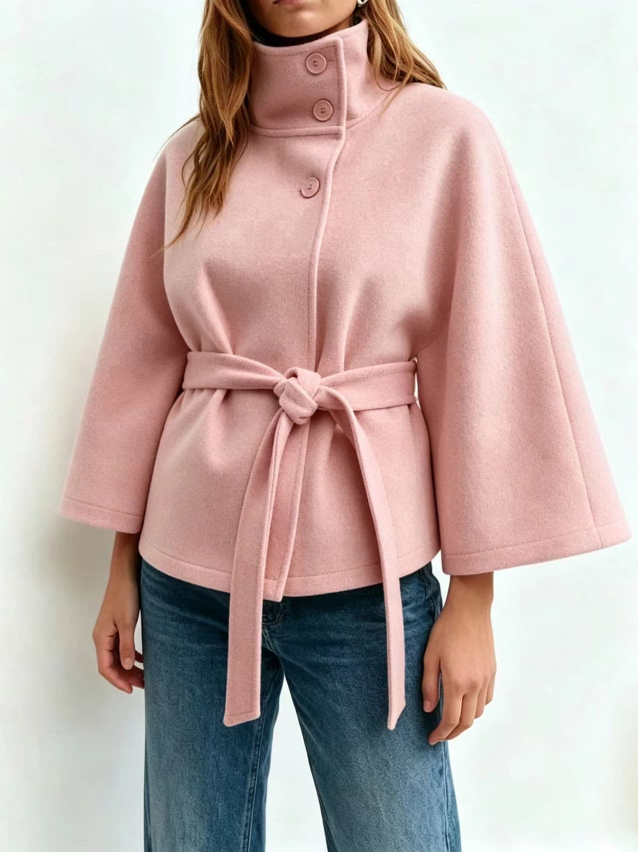 Women's Elegant Solid Color Cape Stand Collar Button Belted Trench Coat, Autumn/Winter New Arrival