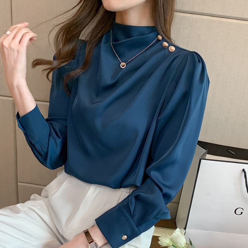 Ready stock satin shirt women's puff sleeves spring women's chiffon shirt top temperament goddess style foreign style shirt