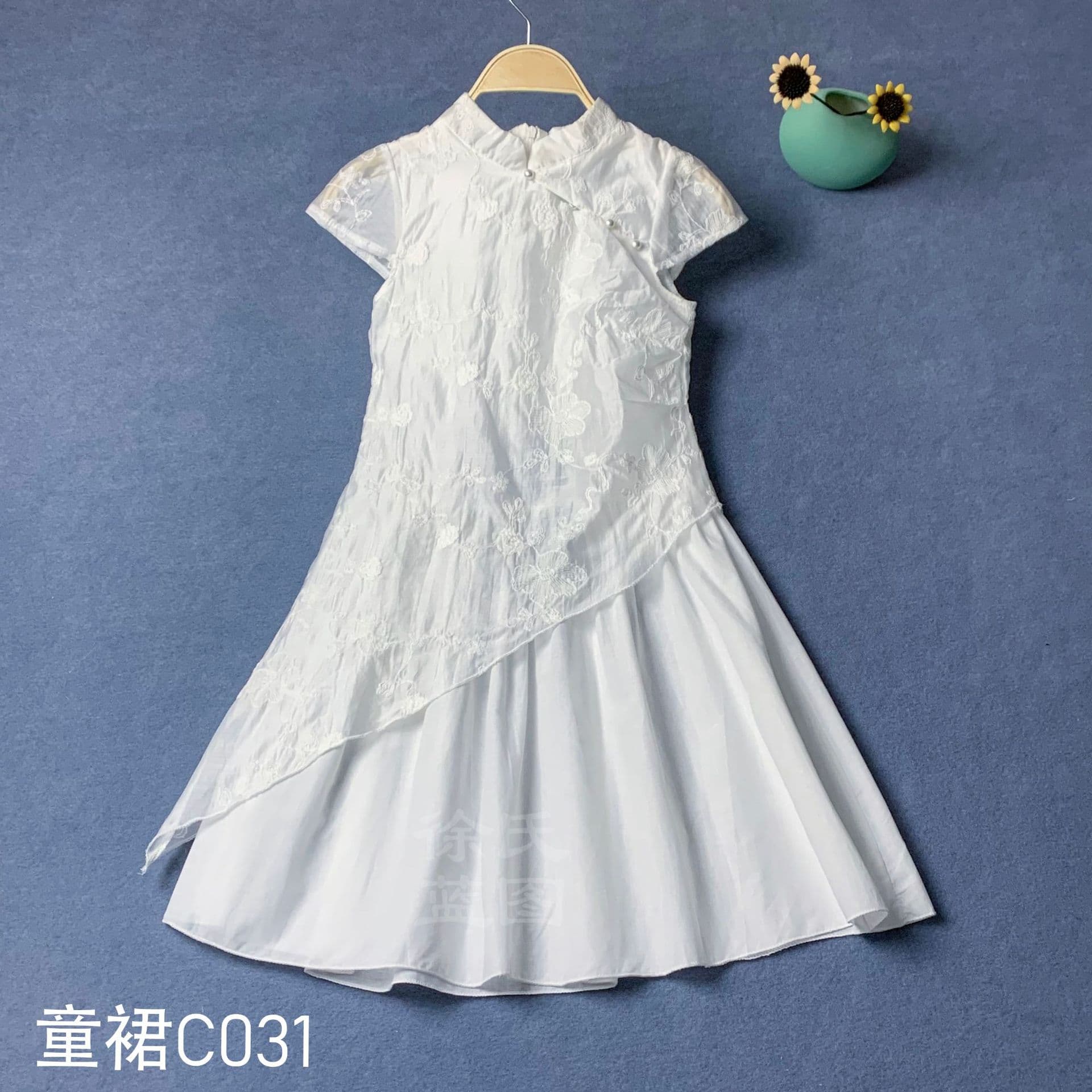 Tie-Dye White Base Chinese Style Girls Cheongsam Dress Summer Children's Embroidered White Dress Stand Collar Kids Dress