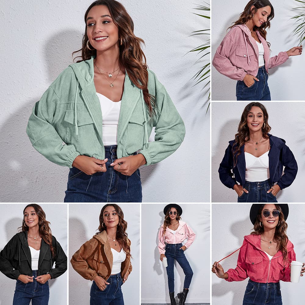 Independent Site Bestseller Hooded Corduroy Jacket Autumn Winter Loose Drop Shoulder Long Sleeve Short Coat Women's Cross-border Supply