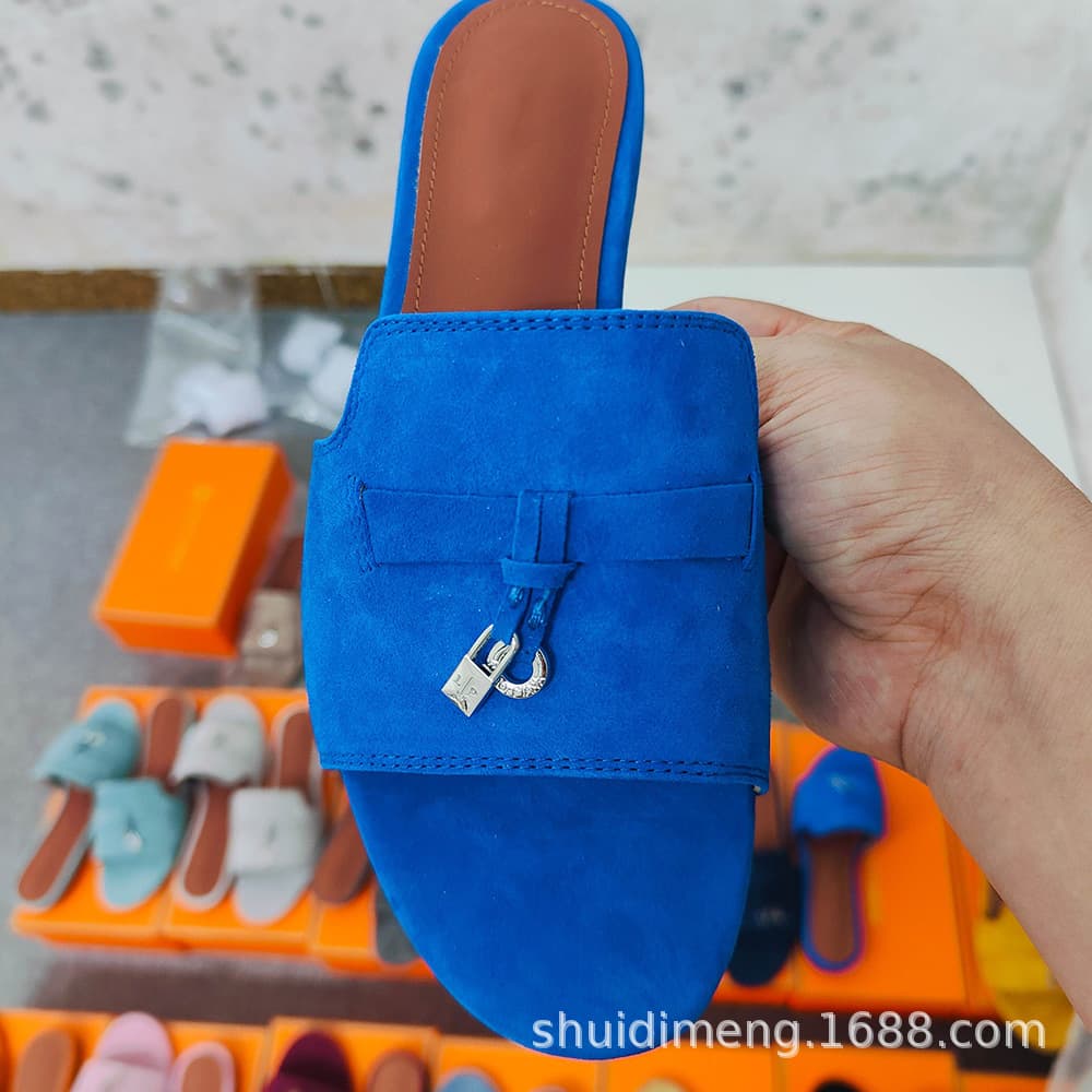 Slippers Slides Genuine Leather Bottom LP Charm Flat Women's Sandals Genuine Sheep Suede Casual Slippers Premium Version