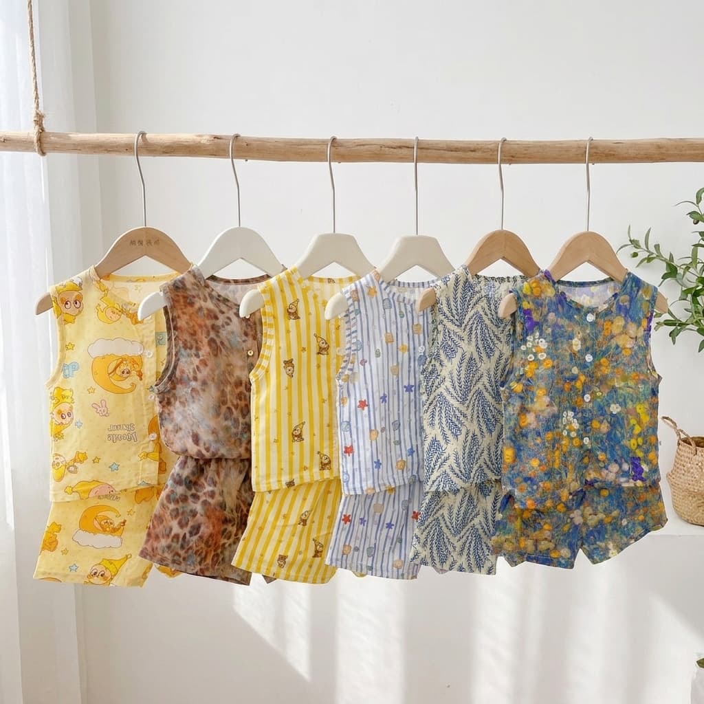 Children's Summer Pajamas Boys Lyocell Breathable Homewear Girls Floral Print Vest Shorts Cotton Silk Sleeveless Set