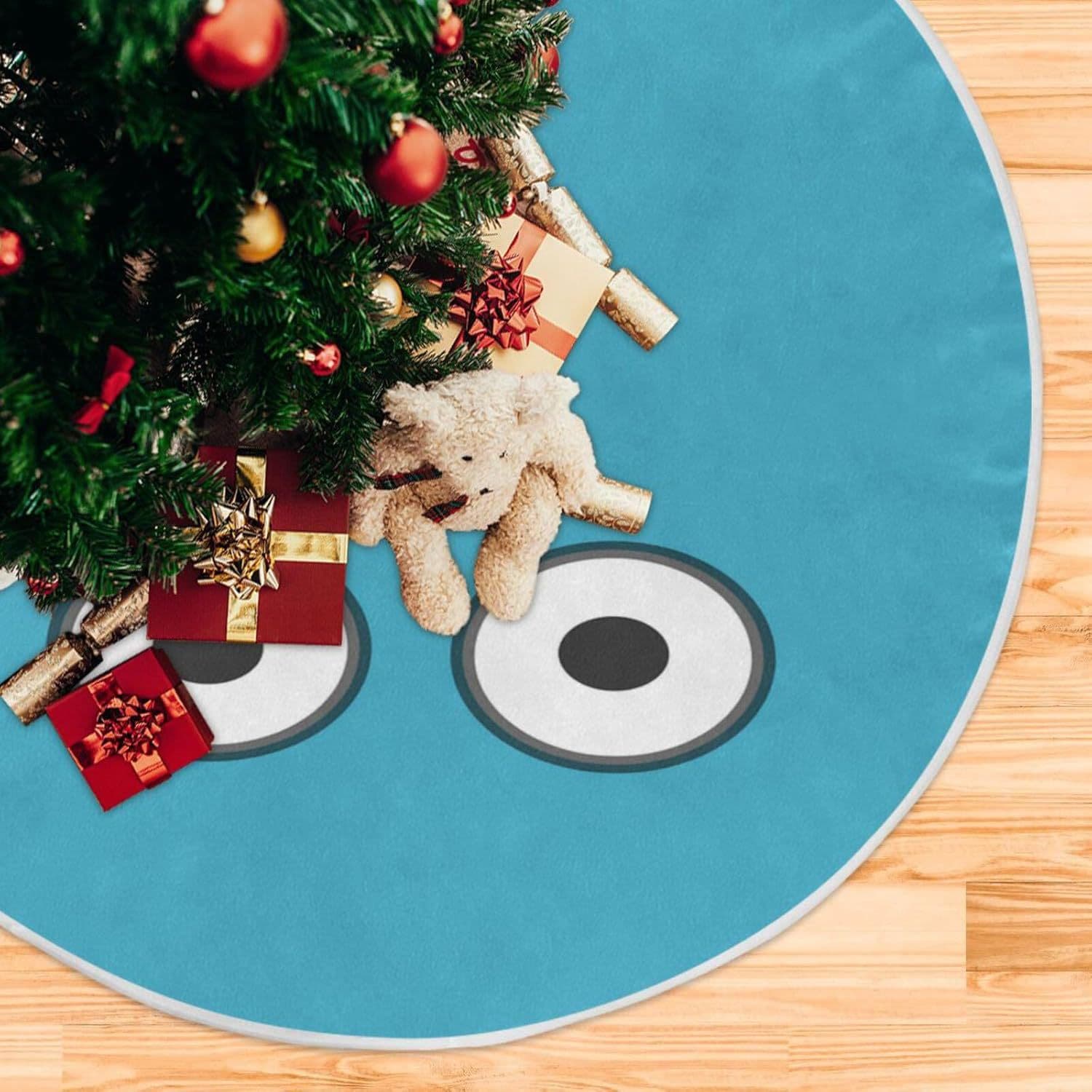 Cartoon Big Eye Round Christmas Tree Rug Holiday Decorative Floor Mat