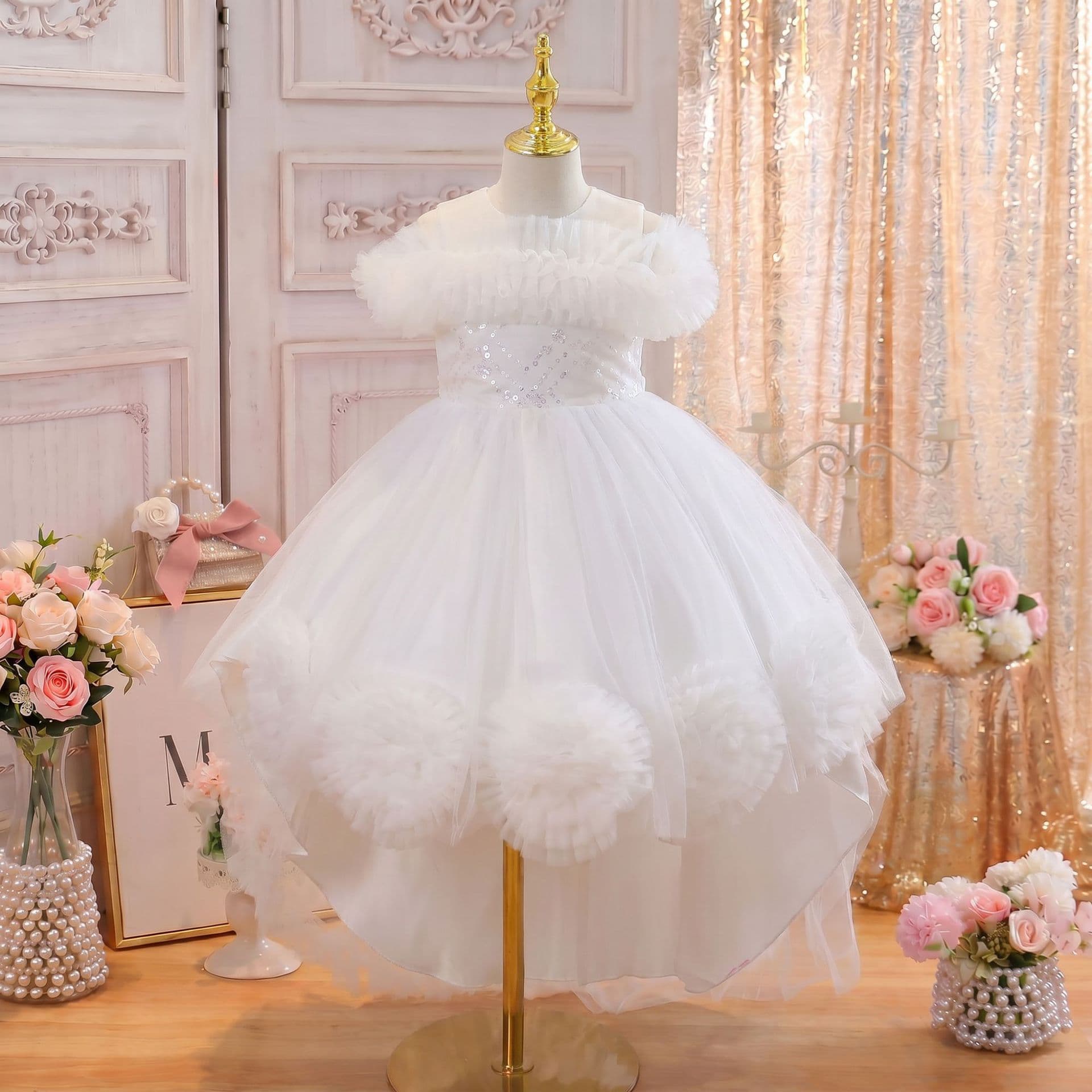Girls Princess Dress One-Shoulder Piano Performance Outfit Flower Girl Wedding Train Evening Gown Cross-Border In Stock