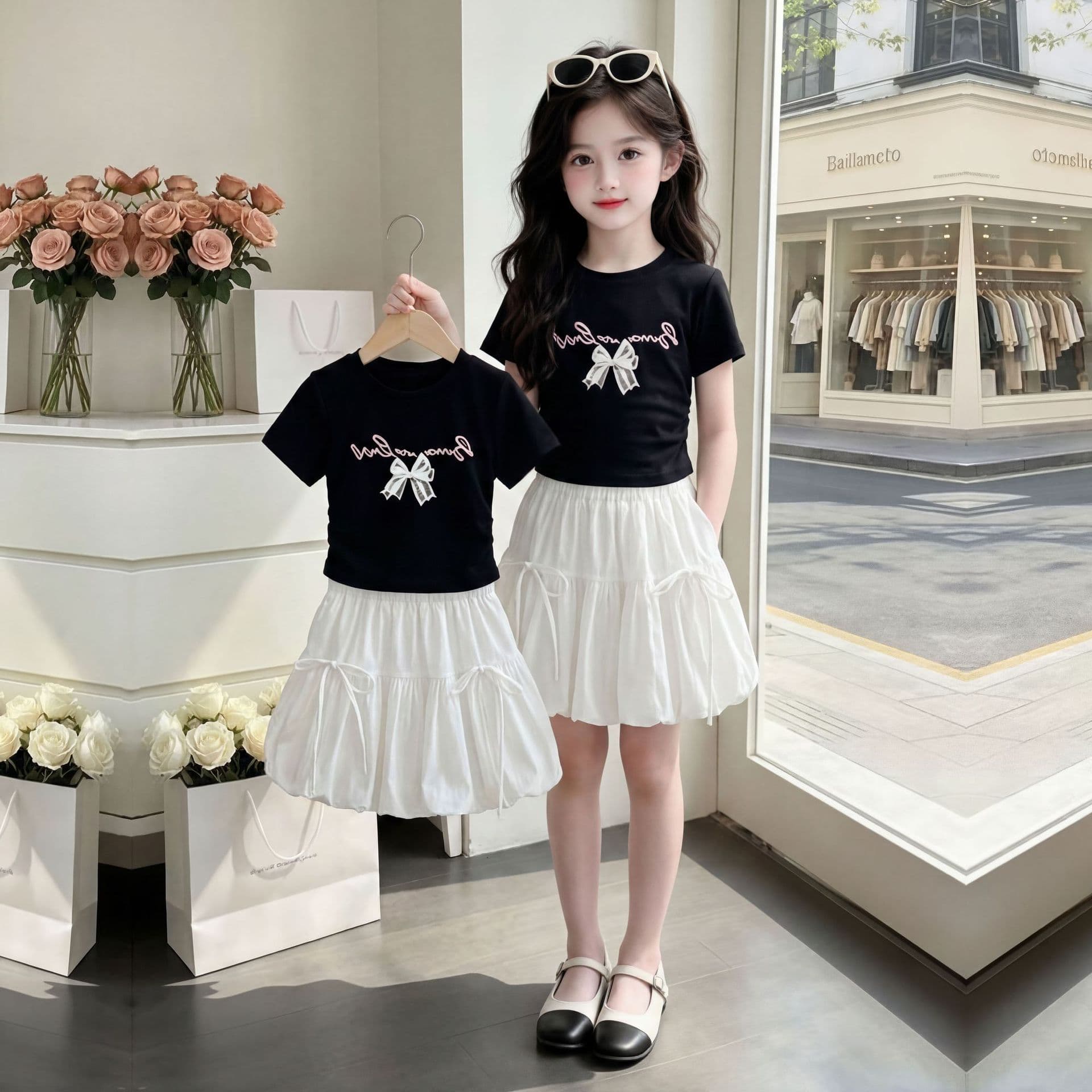 Girls' fashionable letter short-sleeved T-shirt summer children's sweet and cute bow flower bud skirt two-piece suit