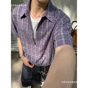 Actual Photo Summer American Casual Lattice Fake Two-Piece Relaxed Short Sleeve Shirt Couple Unisex Shirt Blue