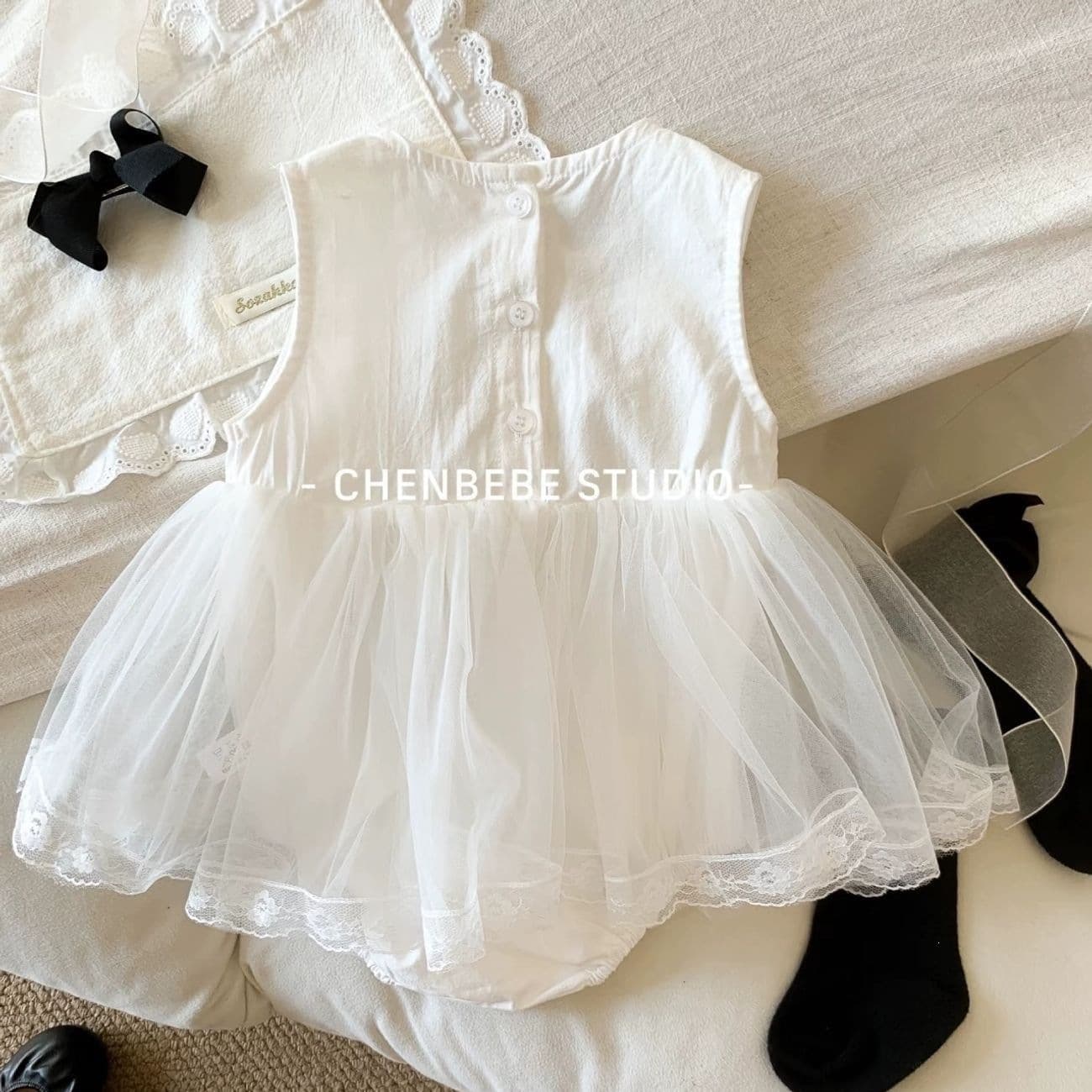2025 New Baby Girl Summer Sleeveless Mesh Bodysuit Dress with Bow, 100 Days Birthday Gift