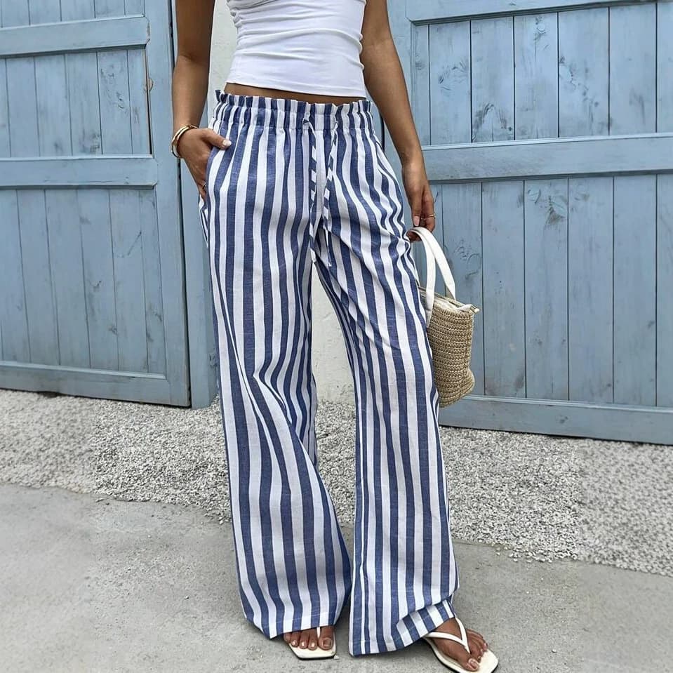 SHEIN EZwear Women's Blue Striped Woven Wide Leg Pants Striped Casual Comfortable Resort Style Casual Pants