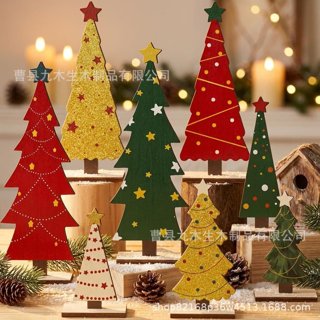 Cross-border Wooden Christmas Tree Colorful Five-pointed Star Ornament Christmas Party Home Window Mini Decoration Wooden Ornament